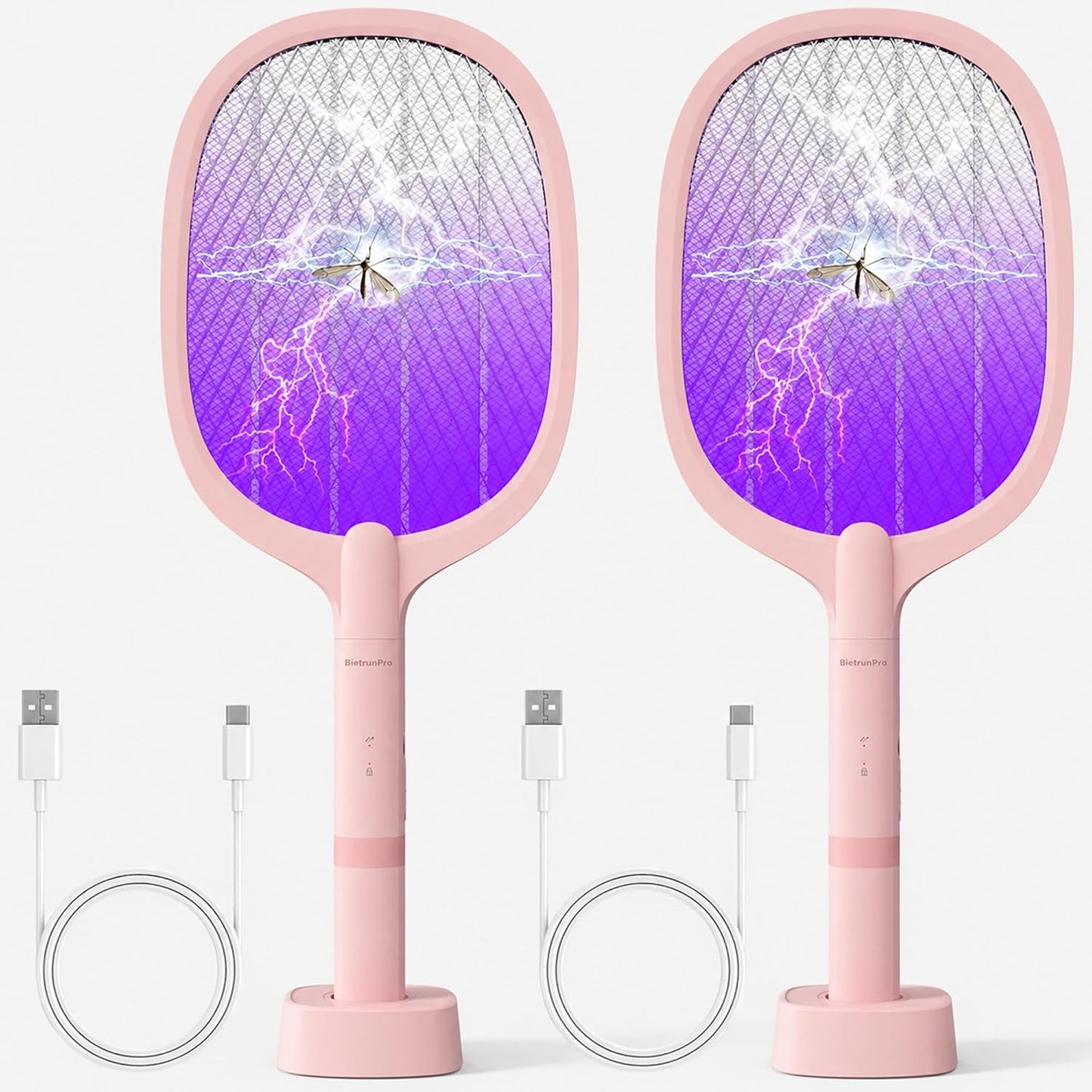 Fly Swatter Electric(2 Pack), USB-C Rechargeable Electric Mosquito Racket, Portable Handheld Cordless Electric Bug Zapper Indoor Racket to Kill Mosquitoes, Wasps, Gnats, Flies, Bugs, with Stand