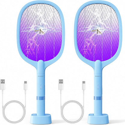 Fly Swatter Electric(2 Pack), USB-C Rechargeable Electric Mosquito Racket, Portable Handheld Cordless Electric Bug Zapper Indoor Racket to Kill Mosquitoes, Wasps, Gnats, Flies, Bugs, with Stand