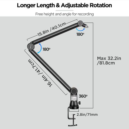 Bietrun Mic Arm Desk Mount(Longer)for Shure SM7B/MV7/Blue Yeti/Nano/Hyperx Quadcast, Adjustable 360° Rotatable Universal Heavy Duty Metal Mic Arm with 3/8" to 5/8" Adapter, Cable Trough, Headset Hook