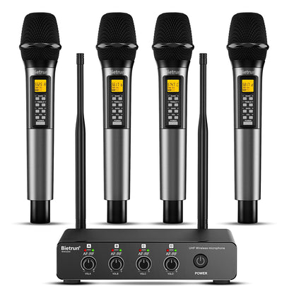 Bietrun 4 Channel Wireless Microphone with Echo/Treble/Bass, 160 ft UHF Range, 4 XLR+1/4‘’Output, Metal Cordless Handheld Dynamic Mics System for Wedding, Church, Karaoke, Singing, DJ(Auto Connect)