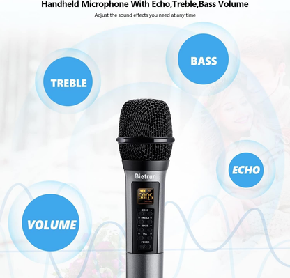 Wireless Microphone, Uhf Metal Dynamic Handheld Karaoke Mic, Rechargeable Receiver (Work 6hs),160ft Range, for Karaoke, Singing, Stage, Wedding, Speech, Karaoke Machine, Speaker, Amplifier, Mixer