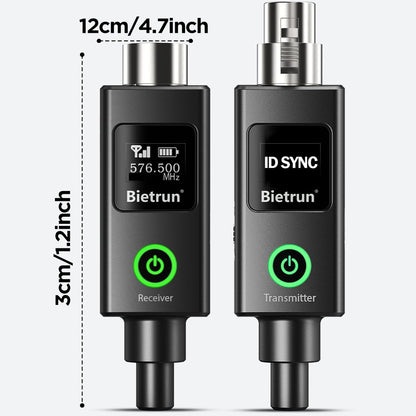 Bietrun Wireless XLR Transmitter Receiver with 48V Phantom Power, UHF 230ft Range, 30 Channels, Wired Change to Wireless Mic XLR Adapter for Dynamic or Condenser Mics (with XLR to 1/4'' Adapter)