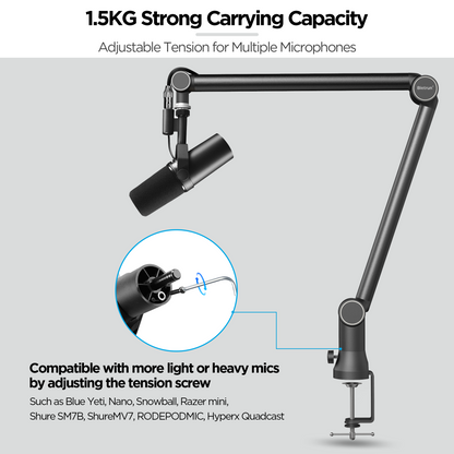 Bietrun Mic Arm Desk Mount(Longer)for Shure SM7B/MV7/Blue Yeti/Nano/Hyperx Quadcast, Adjustable 360° Rotatable Universal Heavy Duty Metal Mic Arm with 3/8" to 5/8" Adapter, Cable Trough, Headset Hook