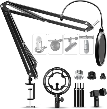 Microphone Boom Arm Desk Mount for Wave/Blue Yeti/Hyperx Quadcast/SM7B/SM58/MV7, Upgraded Metal Stable Heavy Duty Adjustable Scissor Desk Microphone Stand with Handheld Mic Clip, 3/8" to 5/8" Adapter