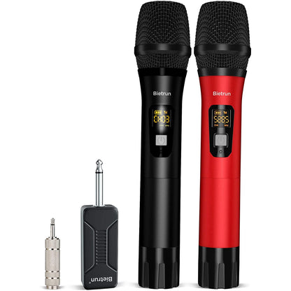 Bietrun Wireless Microphone, Professional UHF Metal Dual Handheld Cordless Dynamic Mic System Set with Rechargeable Receiver, 1/4‘’Output, Plug and Play, Instrument-Wireless-Mics for Karaoke, Wedding