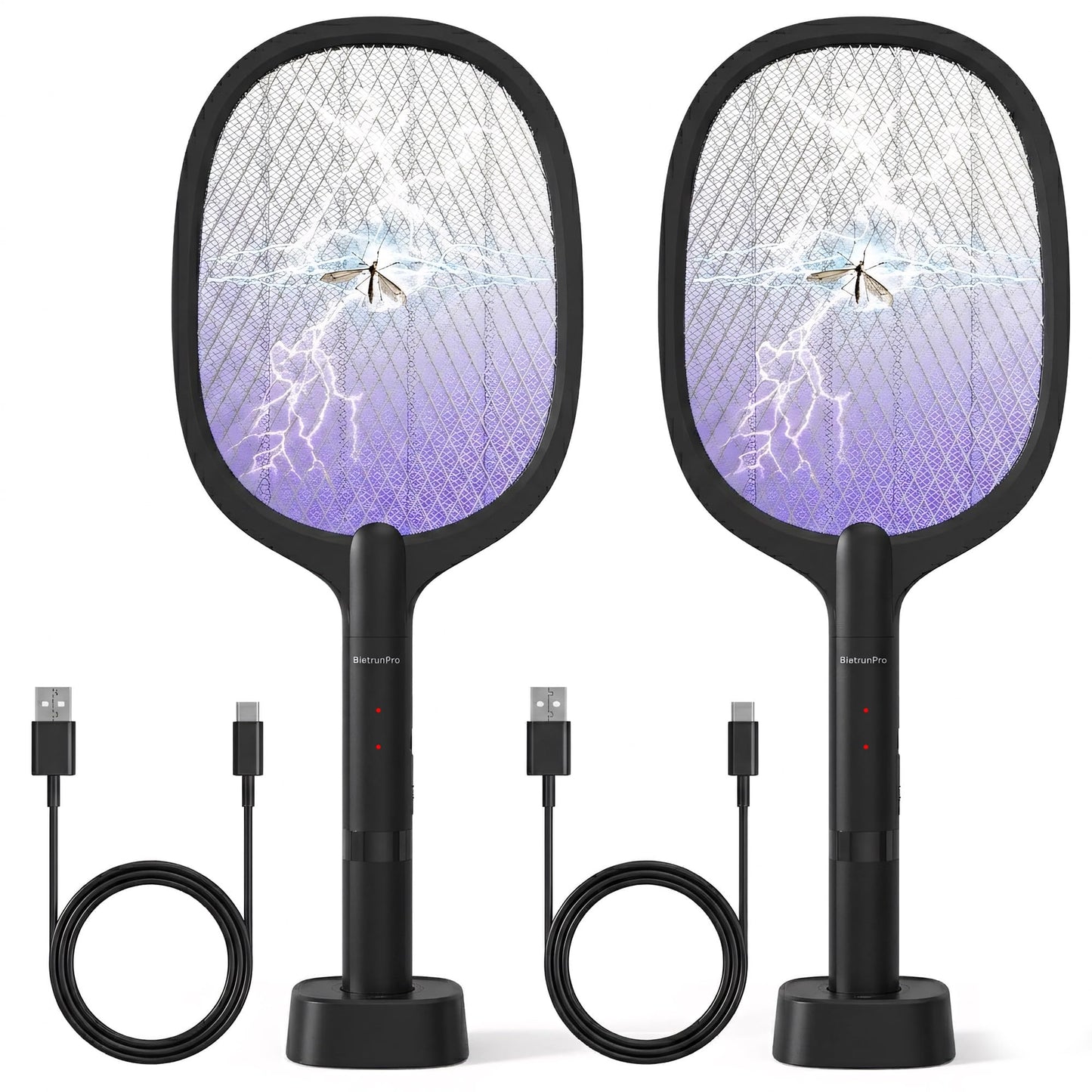 Fly Swatter Electric(2 Pack), USB-C Rechargeable Electric Mosquito Racket, Portable Handheld Cordless Electric Bug Zapper Indoor Racket to Kill Mosquitoes, Wasps, Gnats, Flies, Bugs, with Stand