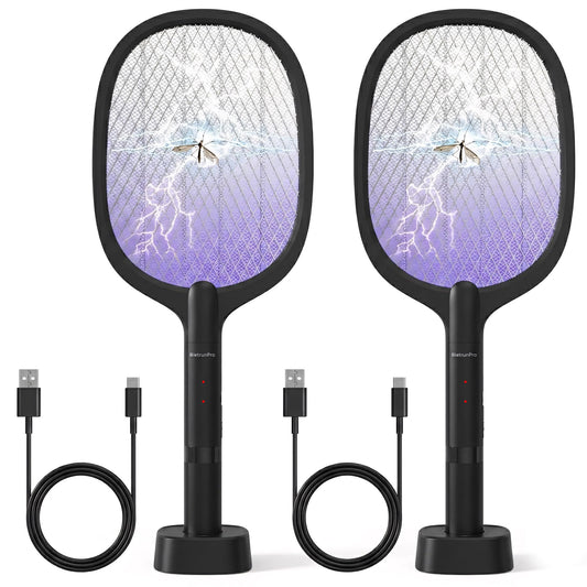 Fly Swatter Electric(2 Pack), USB-C Rechargeable Electric Mosquito Racket, Portable Handheld Cordless Electric Bug Zapper Indoor Racket to Kill Mosquitoes, Wasps, Gnats, Flies, Bugs, with Stand