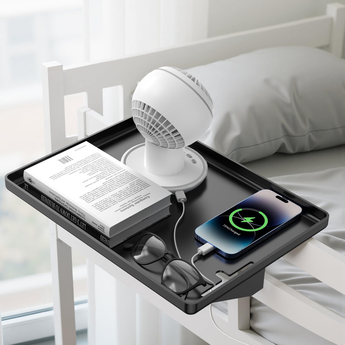 Bedside Shelf for Dorm Bunk Bed, Clip On Nightstand, Bed Side Table Tray Organizer, College Dorm Room Essentials for Girls/Guys, with Cable Management for Dormitory, Back to School