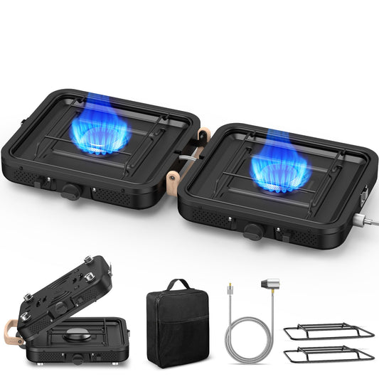 Propane 2-Burner Camping Stove with Carrying Bag, 17500 BTU Adjustable Burners, Portable Folding Gas Stove for Camping, Outdoor Cooking, Backpacking Camp Stove for BBQ, Camping Tailgating