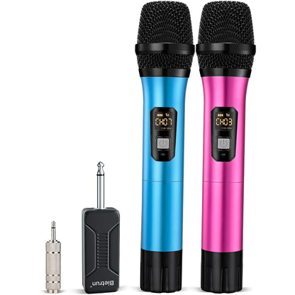 Bietrun Wireless Microphone, Professional UHF Metal Dual Handheld Cordless Dynamic Mic System Set with Rechargeable Receiver, 1/4‘’Output, Plug and Play, Instrument-Wireless-Mics for Karaoke, Wedding