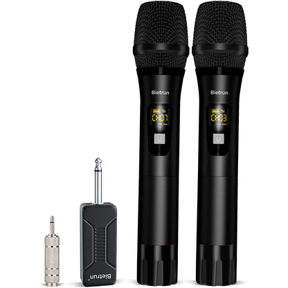 Bietrun Wireless Microphone, Professional UHF Metal Dual Handheld Cordless Dynamic Mic System Set with Rechargeable Receiver, 1/4‘’Output, Plug and Play, Instrument-Wireless-Mics for Karaoke, Wedding