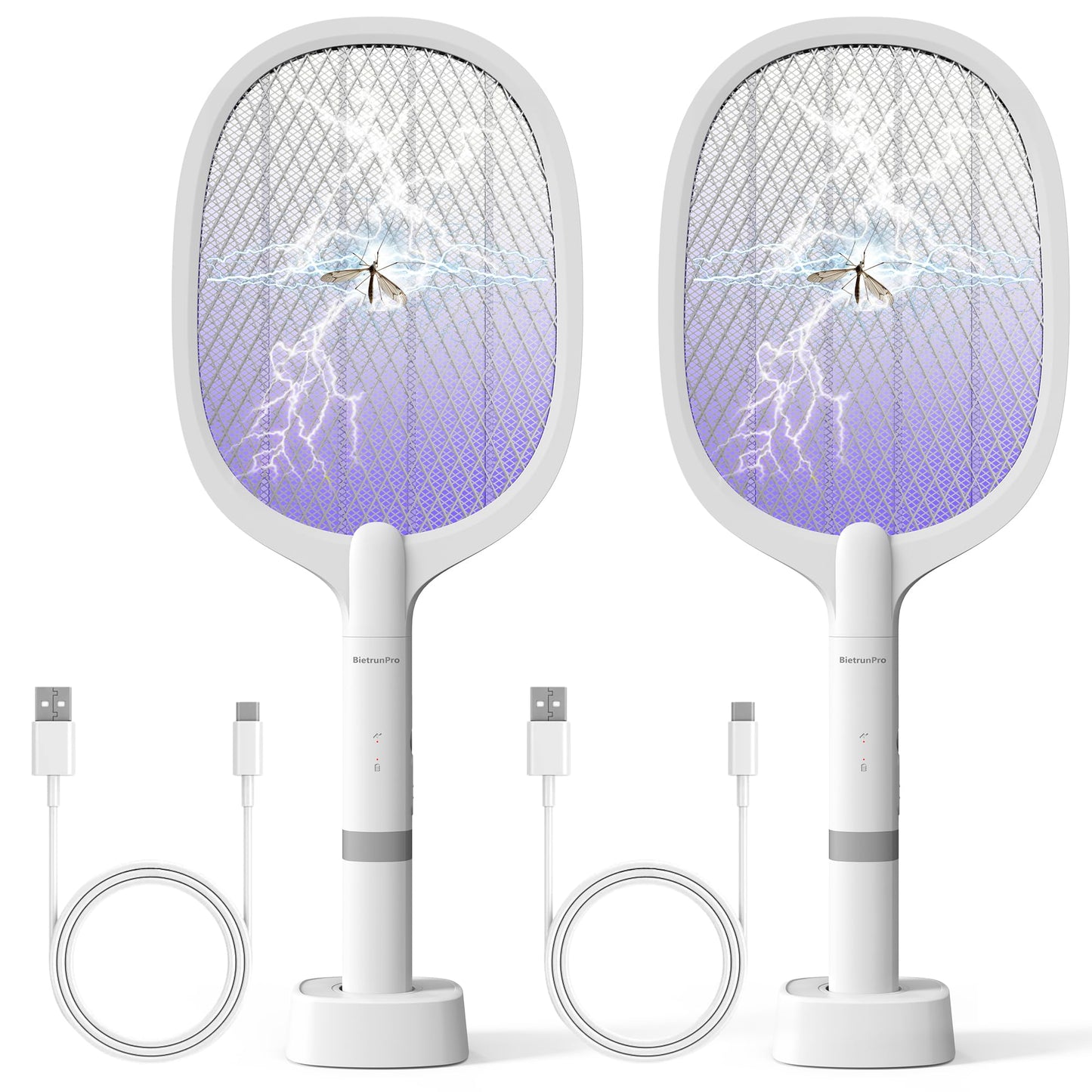 Fly Swatter Electric(2 Pack), USB-C Rechargeable Electric Mosquito Racket, Portable Handheld Cordless Electric Bug Zapper Indoor Racket to Kill Mosquitoes, Wasps, Gnats, Flies, Bugs, with Stand