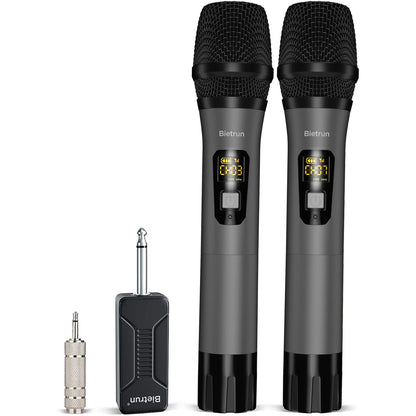 Bietrun Wireless Microphone, Professional UHF Metal Dual Handheld Cordless Dynamic Mic System Set with Rechargeable Receiver, 1/4‘’Output, Plug and Play, Instrument-Wireless-Mics for Karaoke, Wedding