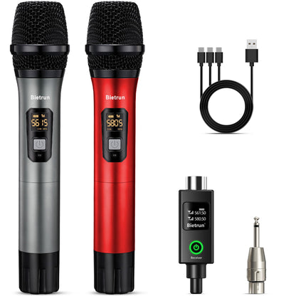 Bietrun XLR Wireless Microphone, UHF Dual Handheld Dynamic Metal Mic Set with XLR Rechargeable Receiver, XLR to 1/4'' Adapter, for Karaoke, Church, Wedding, Party Singing(160 ft Range)(Auto Connect)
