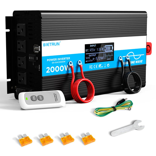 2000W Pure Sine Wave Inverter, 12V to 120V Inverter Converter for LiFePO4, SLD, Gel, FLD, AGM 12V Battery, Peak 4000W, GFCI & Overload Protection, LED Display, Remote Controller, for RV, Marine, Home