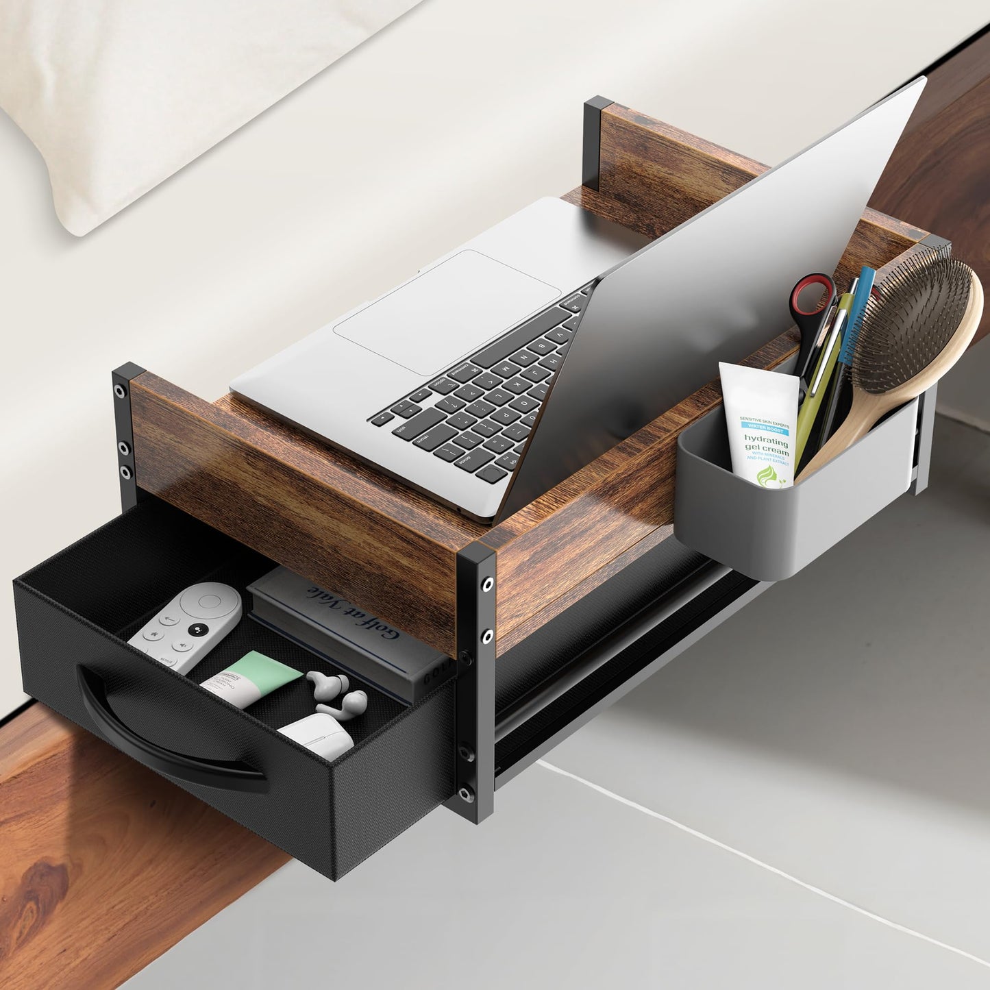 2 Tier Bedside Shelf for Dorm Bunk Bed, Clip On Nightstand with Fabric Drawer & Storage Box, Bed Side Table Tray Organizer, Bedside Tray with Cable Management for Dormitory, Back to School