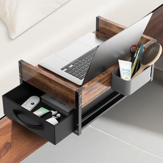 2 Tier Bedside Shelf for Dorm Bunk Bed, Clip On Nightstand with Fabric Drawer & Storage Box, Bed Side Table Tray Organizer, Bedside Tray with Cable Management for Dormitory, Back to School