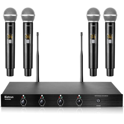 Bietrun 4-Channel Wireless Microphones System with 4 Handheld Mics, UHF Metal Dynamic Cordless Mics for Karaoke, Singing, Church, Family Theater(Auto Connect/295FT Range/Fixed Frequency), Black