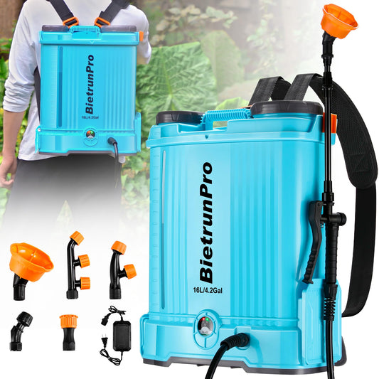 4 Gallon Battery Powered Backpack Sprayer with Mixer, 100 PSI Powerful Pressure Weeds Insecticide Pesticide Electric Sprayer, 31.50 in Metal Spray Pole, 5 Nozzles, Ergonomic Backpack, for Lawn Garden
