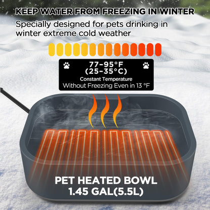 5.5L/1.45Gal Extra Large Heated Water Bowl, Indoor & Outdoor Winter Antifreezing Pet Heated Thermal Water Bowl Dish, Anti Chewy Cord, BPA-Free, Pet Products for Dog Cats Rabbit Chicken Duck Squirrel