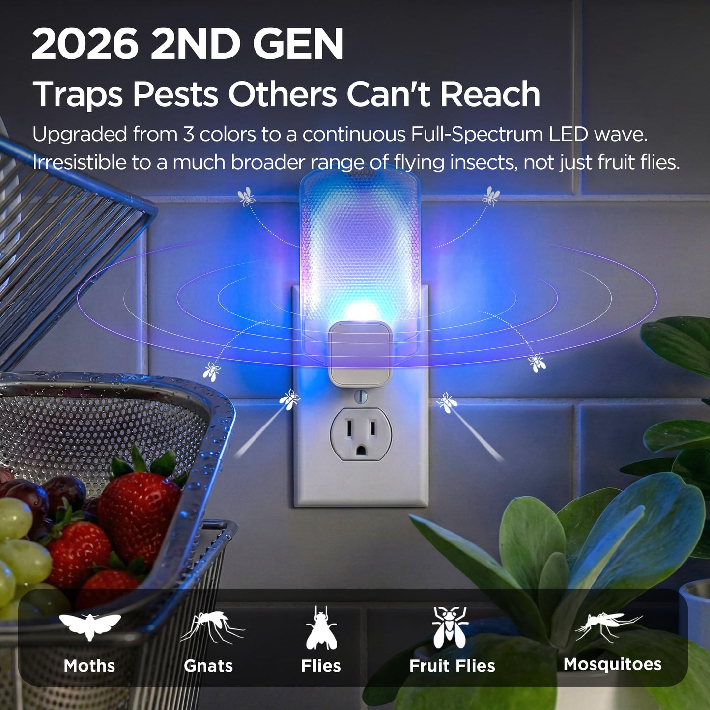 Fruit Fly Traps for Indoors for Fruit Flies, Gnats, Flying Insects, Moths, Bugs, Fungus, 3-in-1 UV/Blue/Yellow Light Plug-in Gnat Traps, No-Mess Bug Zapper, 7 * 24hrs Pest Control