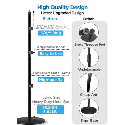 Round Base Microphone Stand, Bietrun Heavy Duty Adjustable Metal Mic Floor Stand for Singing/Church/Stage with 2 Universal Mic Clip, 3/8'' to 5/8''Adapter, for Shure SM7B/SM58/Samson Q2U/Podmic?More