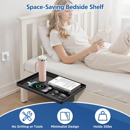 Bedside Shelf for Dorm Bunk Bed, Clip On Nightstand, Bed Side Table Tray Organizer, College Dorm Room Essentials for Girls/Guys, with Cable Management for Dormitory, Back to School