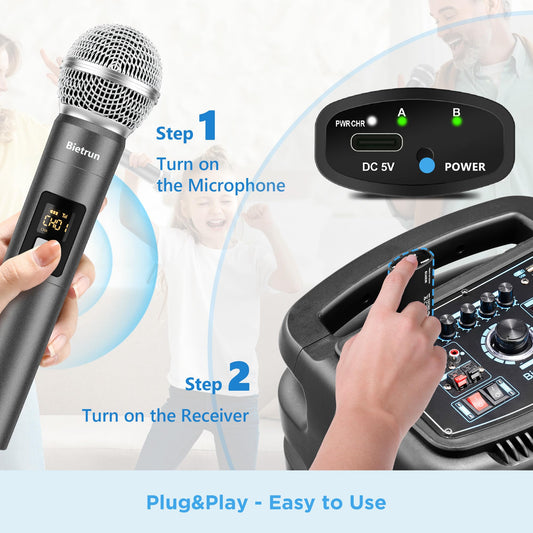 Bietrun Wireless Microphone, UHF Dual Handheld Cordless Dynamic Metal Mic Set with Rechargeable Receiver, 1/4'' Plug Output, for Karaoke, Church, Wedding, Party Singing(98 ft Range)(Auto Connect)