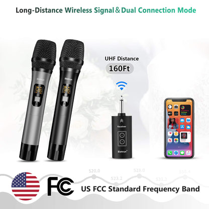 Wireless Microphone with Bluetooth, Professional UHF Dual Handheld Dynamic Metal Mic System Set with Rechargeable Receiver, 160 ft Range, 1/4''Output, for Karaoke Machine, Singing, Amp, PA Speaker