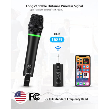 Bietrun Wireless Microphone Rechargeable, 168FT Range Bluetooth Microphone Wireless (Work 7 hrs) with 1/4'' Output, UHF Metal Handheld Dynamic Mic for Karaoke Machine/PA System/Speaker/Church/Wedding