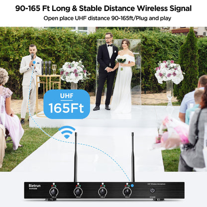 Bietrun 4-Channel Wireless Microphones System with 4 Handheld Mics, UHF Metal Dynamic Cordless Mics for Karaoke, Singing, Church, Family Theater(Auto Connect/295FT Range/Fixed Frequency), Black
