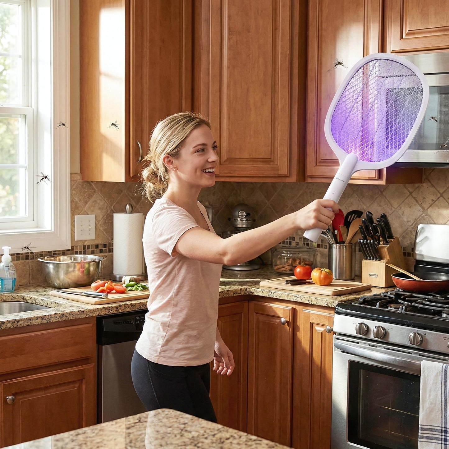 Fly Swatter Electric(2 Pack), USB-C Rechargeable Electric Mosquito Racket, Portable Handheld Cordless Electric Bug Zapper Indoor Racket to Kill Mosquitoes, Wasps, Gnats, Flies, Bugs, with Stand