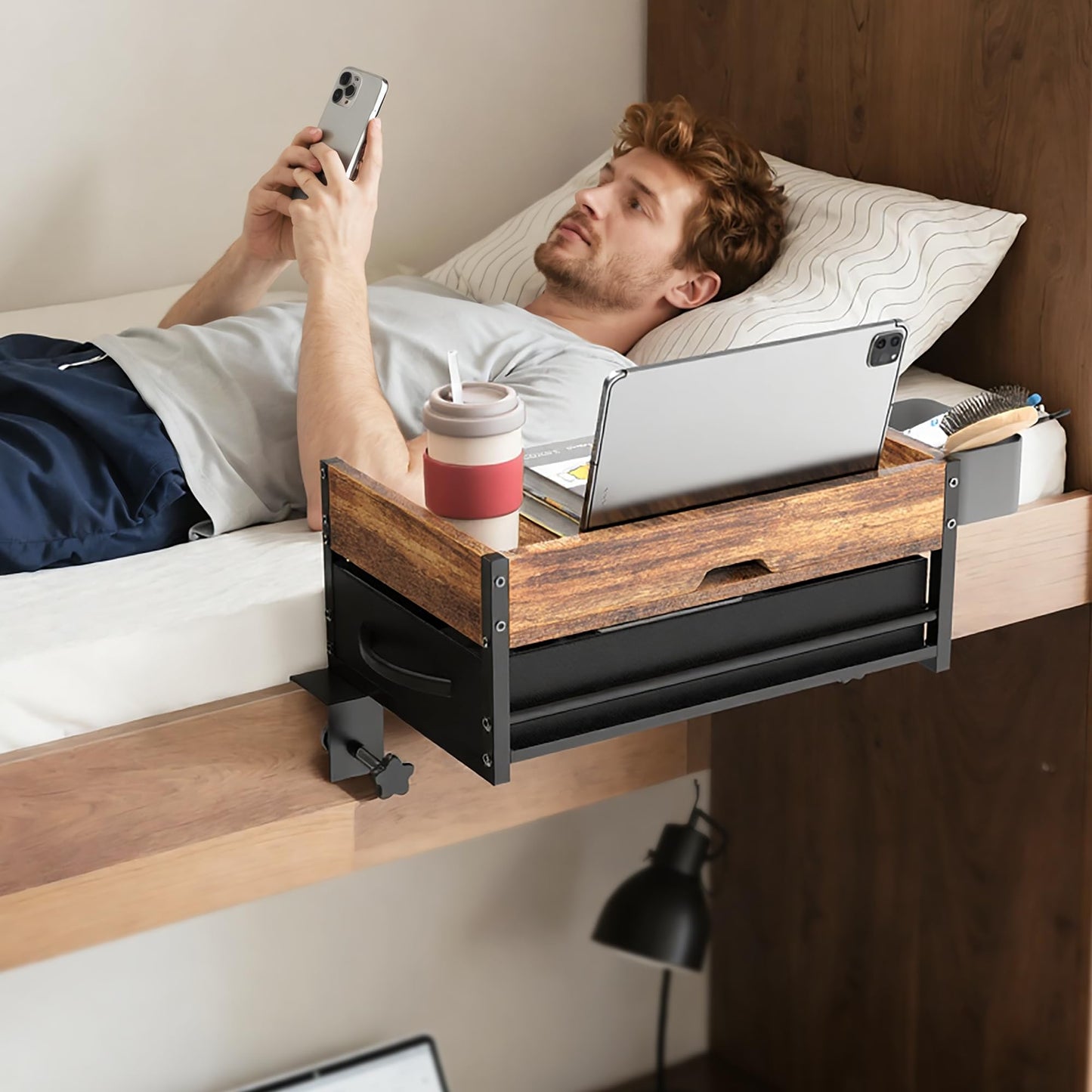 2 Tier Bedside Shelf for Dorm Bunk Bed, Clip On Nightstand with Fabric Drawer & Storage Box, Bed Side Table Tray Organizer, Bedside Tray with Cable Management for Dormitory, Back to School