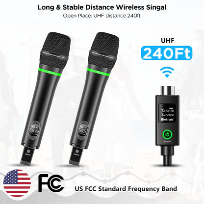 Bietrun XLR Wireless Microphone, Rechargeable Dual Metal Cordless Handheld Dynamic Mics for Mixer, Audio Interface, PA Amplifier System, Church, Singing, Karaoke(UHF 240FT Range)(with 6.35 Adapter)