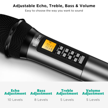 Bietrun 4 Channel Wireless Microphone with Echo/Treble/Bass, 160 ft UHF Range, 4 XLR+1/4‘’Output, Metal Cordless Handheld Dynamic Mics System for Wedding, Church, Karaoke, Singing, DJ(Auto Connect)
