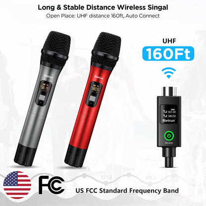 Bietrun XLR Wireless Microphone, UHF Dual Handheld Dynamic Metal Mic Set with XLR Rechargeable Receiver, XLR to 1/4'' Adapter, for Karaoke, Church, Wedding, Party Singing(160 ft Range)(Auto Connect)