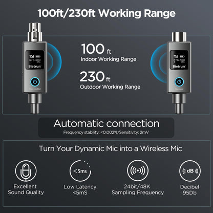 Bietrun Wireless XLR Transmitter Receiver, Wired to Wireless Mic XLR Adapter, UHF 230ft Range, 30 Channels, Receiver with Bluetooth, XLR to 1/4'' Adapter, for Dynamic/Condenser Mics, Audio Interface