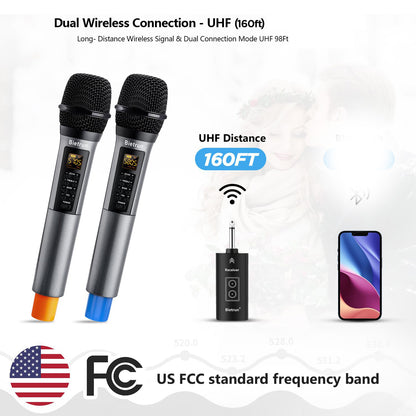 Bietrun Wireless Microphones with Echo,Treble,Bass&Bluetooth,160FT Range,Portable UHF Handheld Karaoke Dynamic Microphone System with Rechargeable Receiver for Karaoke,Singing,Amp,PA System,DJ,Stage