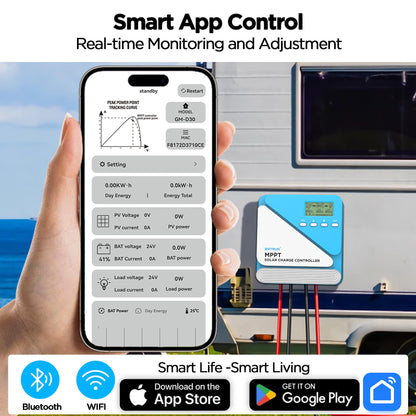 30A 12V/24V MPPT Solar Charge Controller with Bluetooth&WiFi APP Control, Output Power 360W (12V)/620W (24V), Max PV Input 100V, for LiFePO4, SLD, Gel, FLD, AGM Battery, for Renogy, SunPower PV System