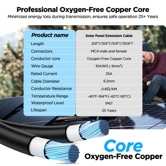 2 Pack MC4 Wire Solar Panel Extension Cable, 10 AWG/6mm² Oxygen-Free Pure Copper Cable Core Cables, Compatible with Renogy/Jackery/SunPower/Goal Zero/EcoFlow/Harbor Freight Solar Systems