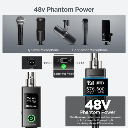 Bietrun Wireless XLR Transmitter Receiver with 48V Phantom Power, UHF 230ft Range, 30 Channels, Wired Change to Wireless Mic XLR Adapter for Dynamic or Condenser Mics (with XLR to 1/4'' Adapter)