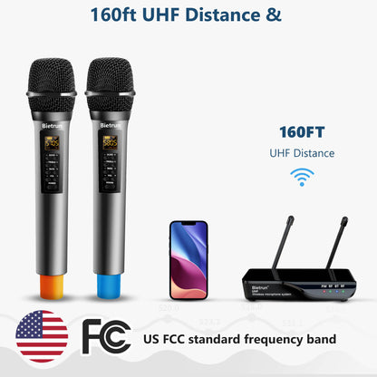 Bietrun Wireless Microphone with Echo/Treble/Bass, UHF 160ft Range, Dual UHF Cordless Dynamic Mic Handheld Microphone System for Home Karaoke, Meeting, Party, Wedding(Receiver with Bluetooth)