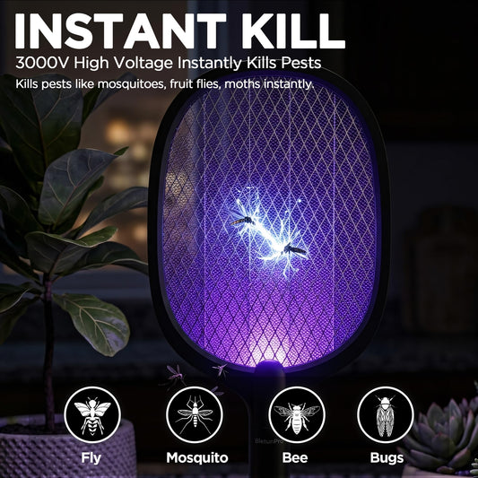 Fly Swatter Electric(2 Pack), USB-C Rechargeable Electric Mosquito Racket, Portable Handheld Cordless Electric Bug Zapper Indoor Racket to Kill Mosquitoes, Wasps, Gnats, Flies, Bugs, with Stand