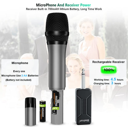 Bietrun Wireless Microphone, Professional UHF Metal Dual Handheld Cordless Dynamic Mic System Set with Rechargeable Receiver, 1/4‘’Output, Plug and Play, Instrument-Wireless-Mics for Karaoke, Wedding