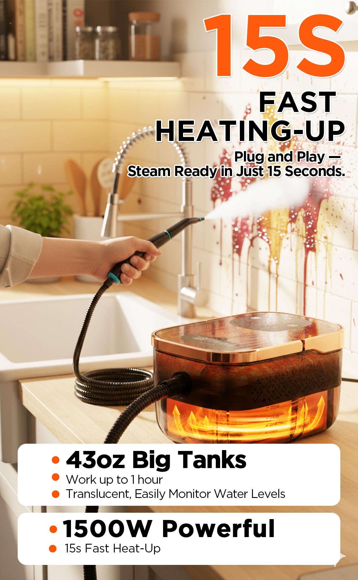 Steam Cleaner for Home & Car, 6 Level Adjustable Steam, 15s Fast Heat-Up, 43oz Large Tank, 1500W Handheld Steam Cleaner for Car Detailing, Home, Wall Tile, Grout, Furniture with 20 Pcs Accessories