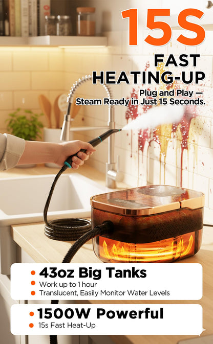 Steam Cleaner for Home & Car, 6 Level Adjustable Steam, 15s Fast Heat-Up, 43oz Large Tank, 1500W Handheld Steam Cleaner for Car Detailing, Home, Wall Tile, Grout, Furniture with 20 Pcs Accessories