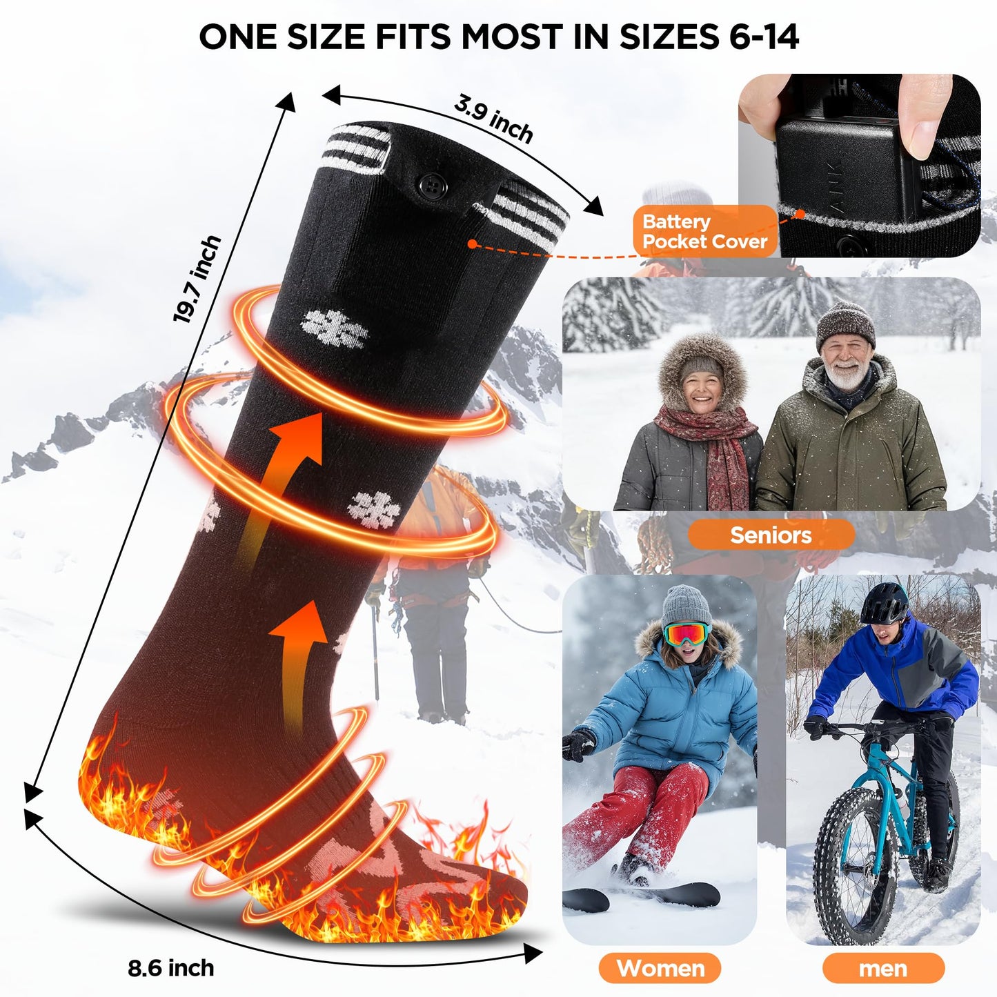 Heated Socks for Men Women, Electric Heated Socks Up to 8 Hours with 4 Heating Levels, Max to 154℉, Rechargeable Heating Socks for Hunting, Camping, Skiing, Walking, Fishing, Cycling, Outdoor Work