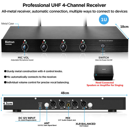 Bietrun 4-Channel Wireless Microphones System with 4 Handheld Mics, UHF Metal Dynamic Cordless Mics for Karaoke, Singing, Church, Family Theater(Auto Connect/295FT Range/Fixed Frequency), Black