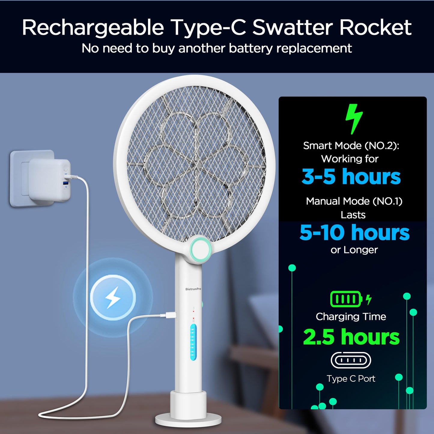 Foldable Electric Fly Swatter 3800V Bug Zapper Racket Rechargeable with UV Lights, Portable Handheld Cordless Mosquito Rackets to Kill Mosquitoes, Wasps, Gnats, Fruit Flies, Flies for Indoor Home