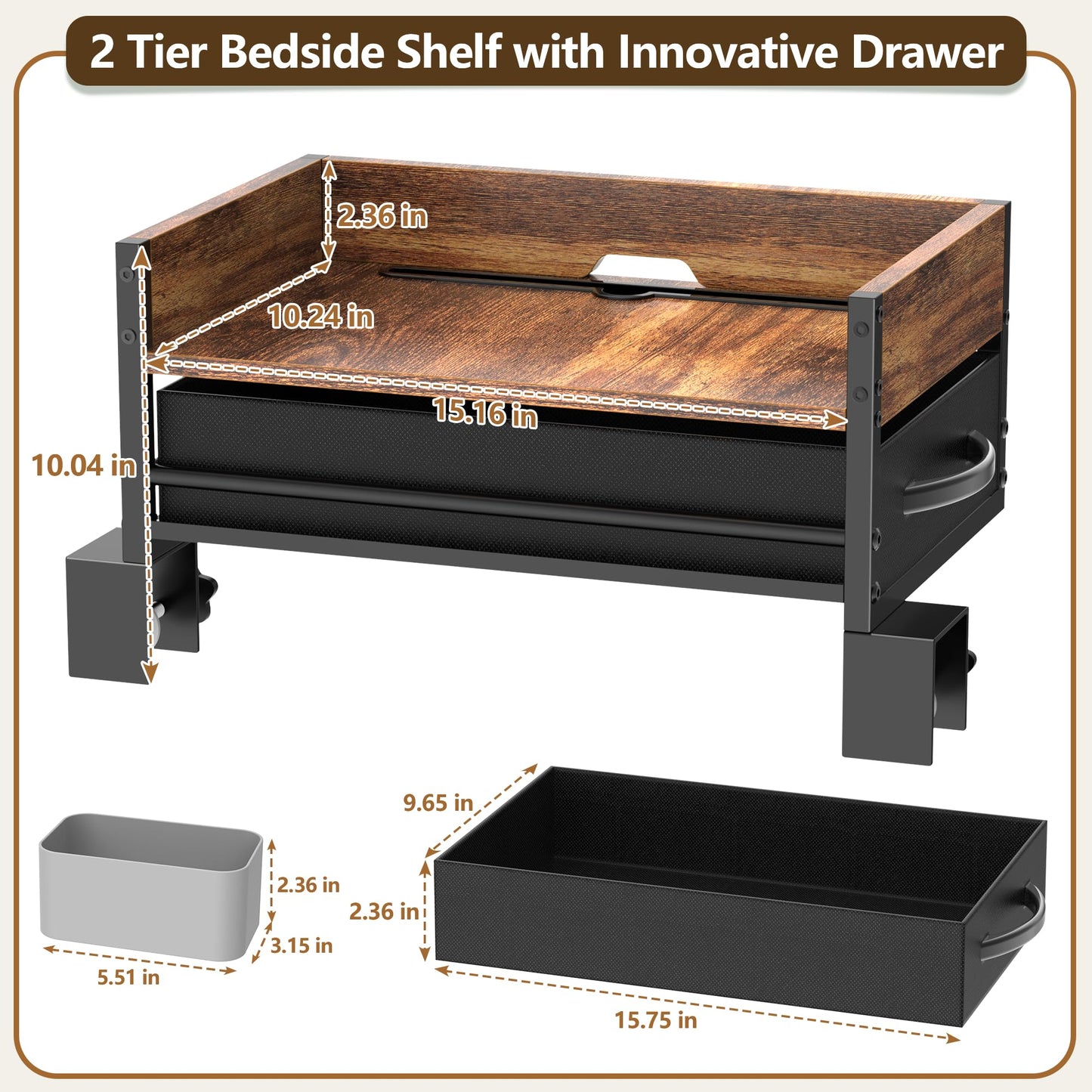2 Tier Bedside Shelf for Dorm Bunk Bed, Clip On Nightstand with Fabric Drawer & Storage Box, Bed Side Table Tray Organizer, Bedside Tray with Cable Management for Dormitory, Back to School